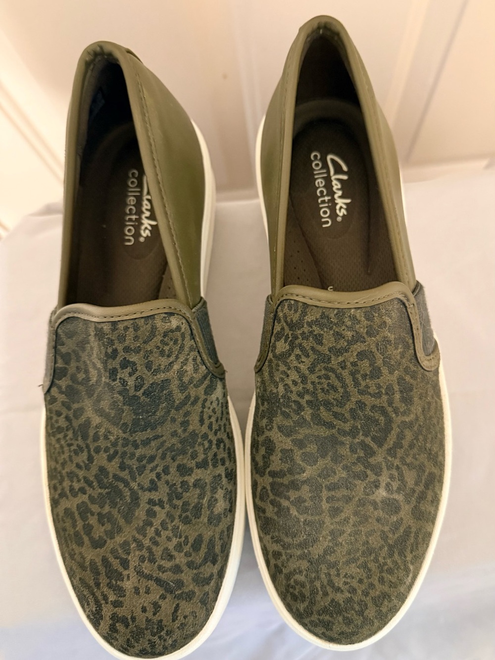 Never Worn. Clarks Leather & Suede Olive Green Leopard-Print Slip-On Sneaker.